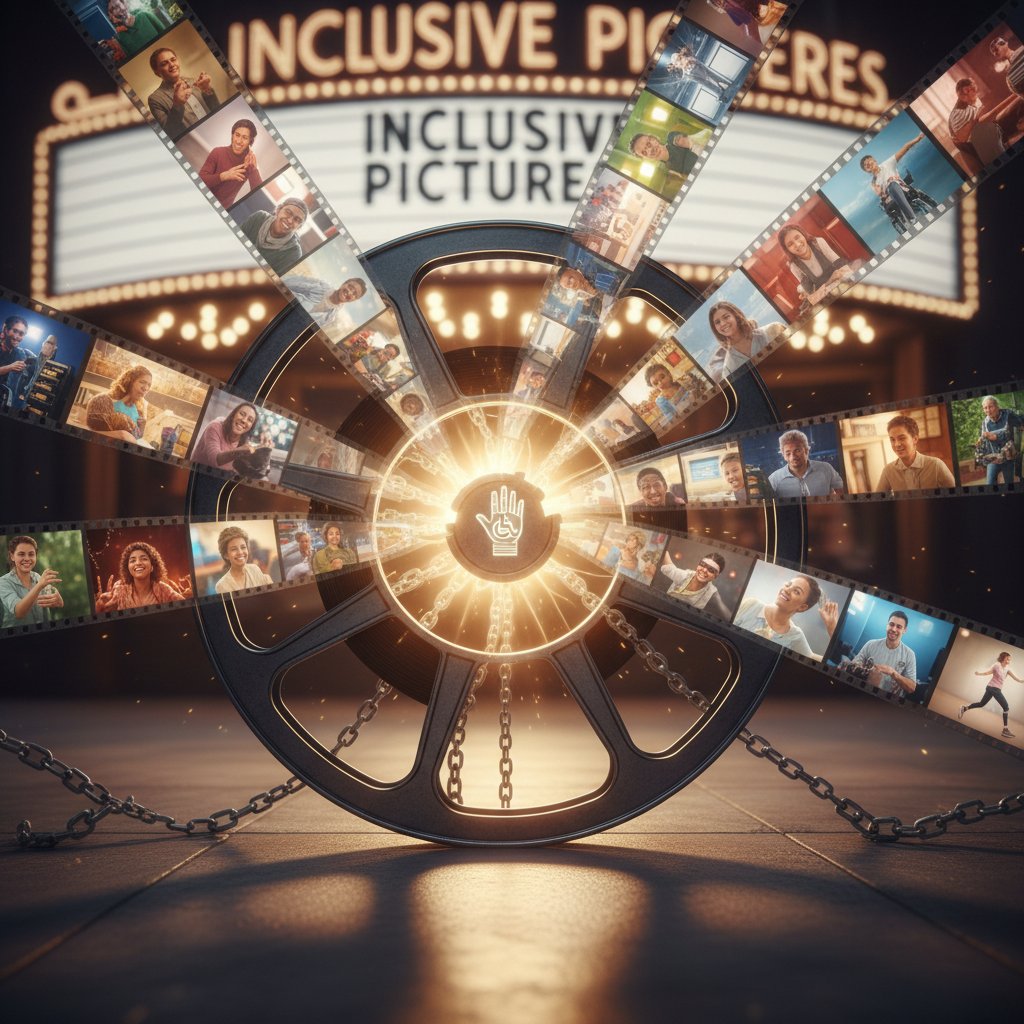 Film reel breaking open with light shining through, symbolizing hope and change in the movie industry, keywords inclusive cinema and ableism