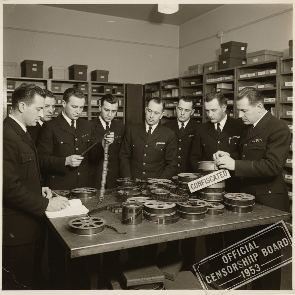 Film reel confiscation scene from the 1950s, law enforcement in action.