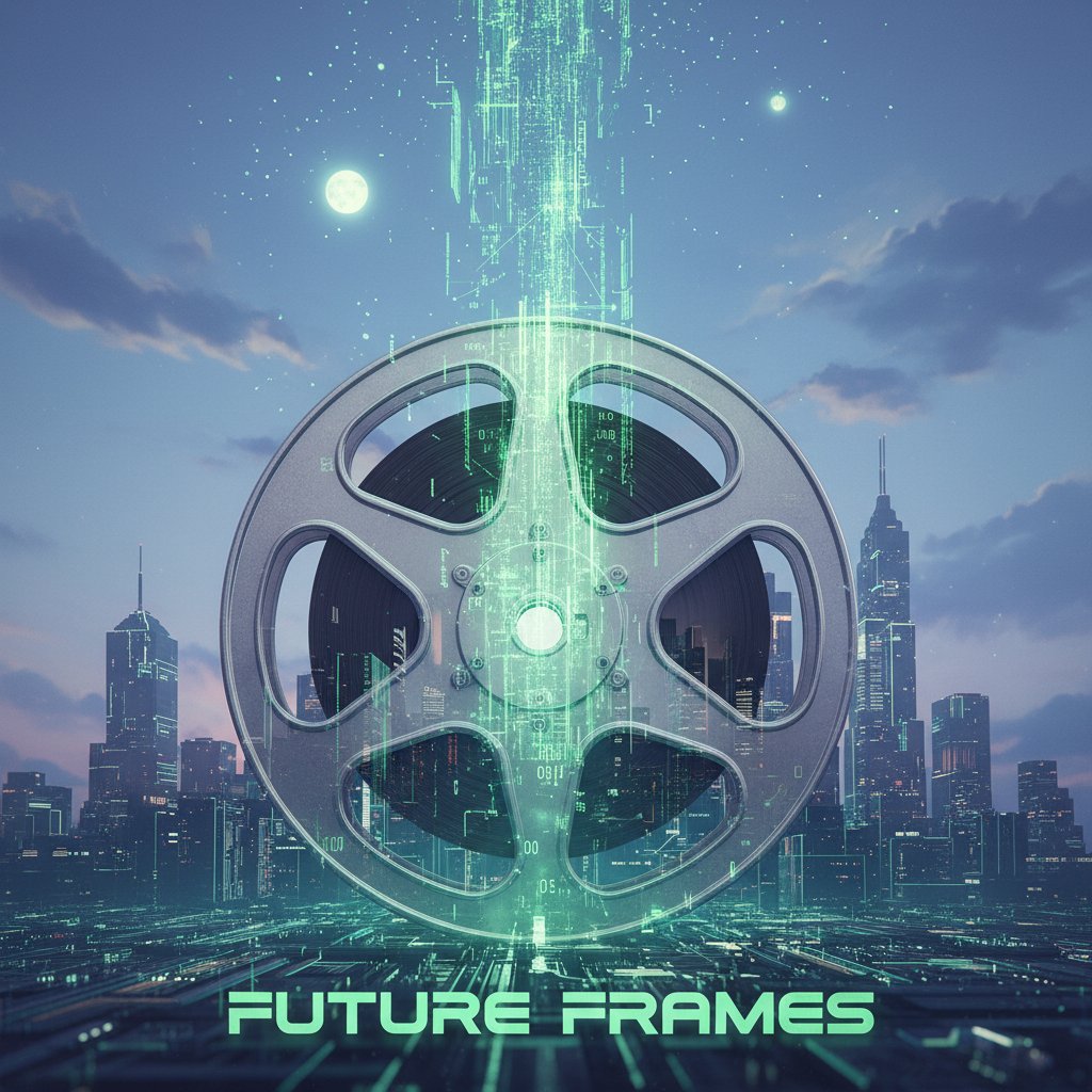 Film reel morphing into digital code above a cityscape, symbolic image of parody cinema's evolution