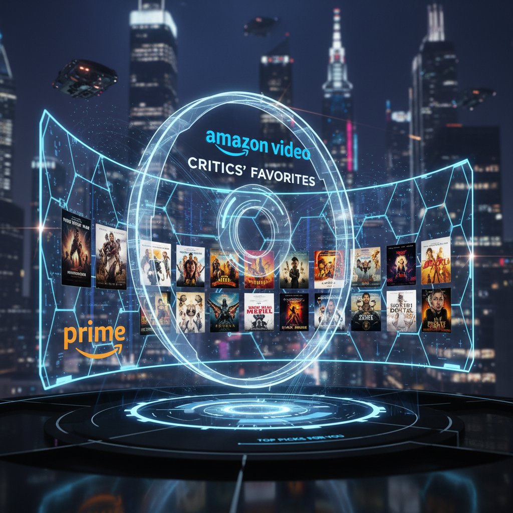 Symbolic image of a film reel unwinding over a digital interface, high contrast, futuristic, professional, best movies on Amazon Prime