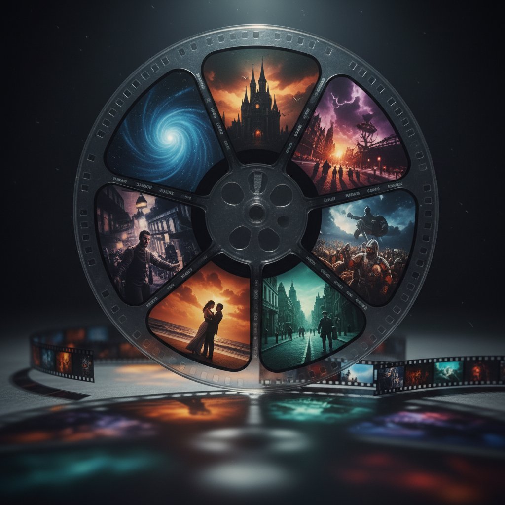 Photo of a film reel unspooling into a kaleidoscope of genres, moody lighting