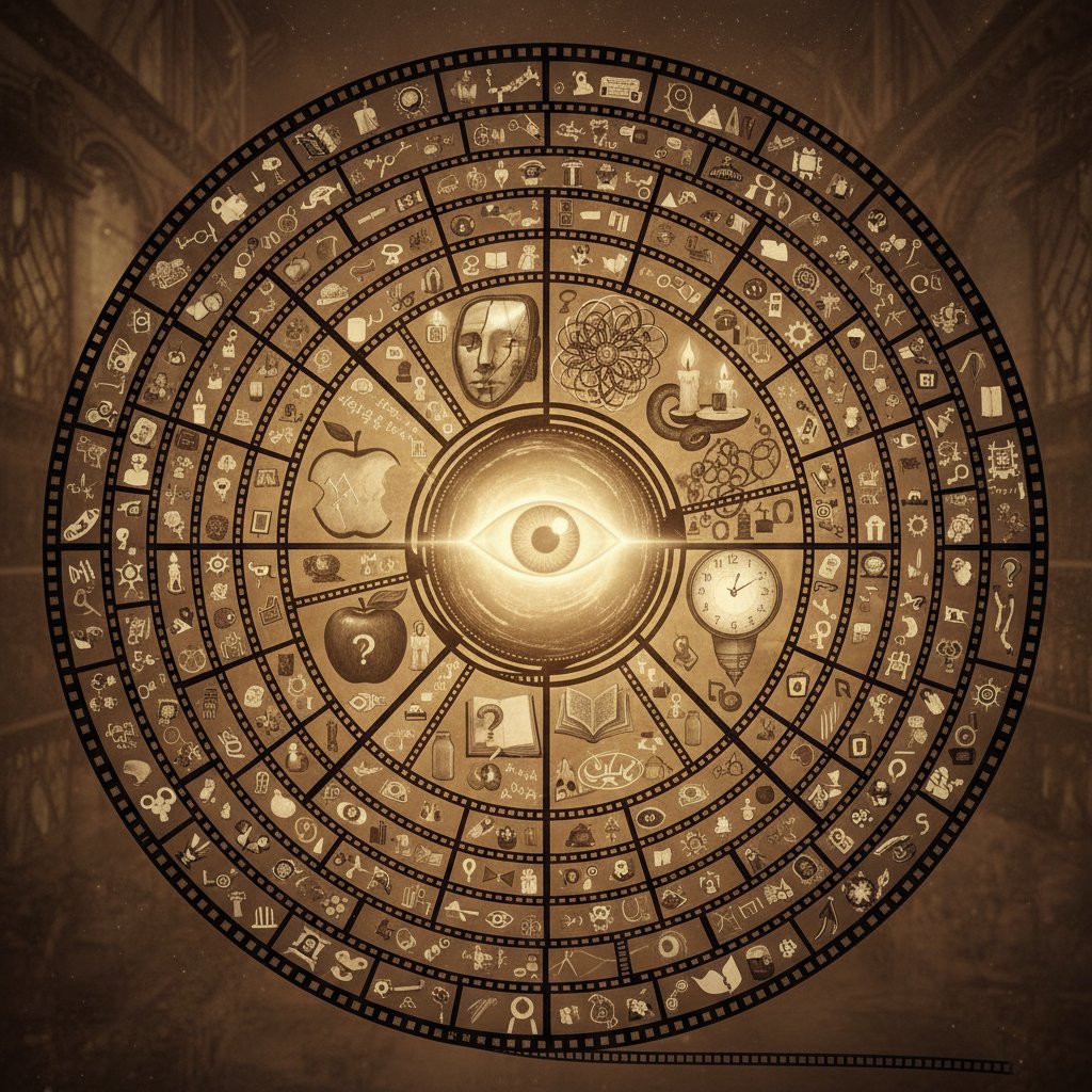 The never-ending journey of decoding movie references with a film reel spiraling into a symbolic maze