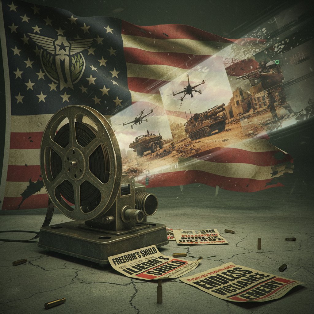 Film reel blending into a national flag, symbolic of propaganda in modern war cinema