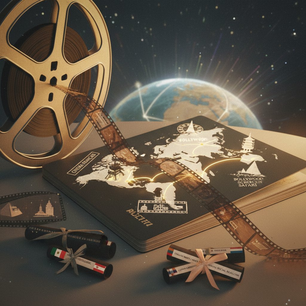 Close-up of a film reel resting on an open passport, symbolizing global cinema journeys and international movies discovery