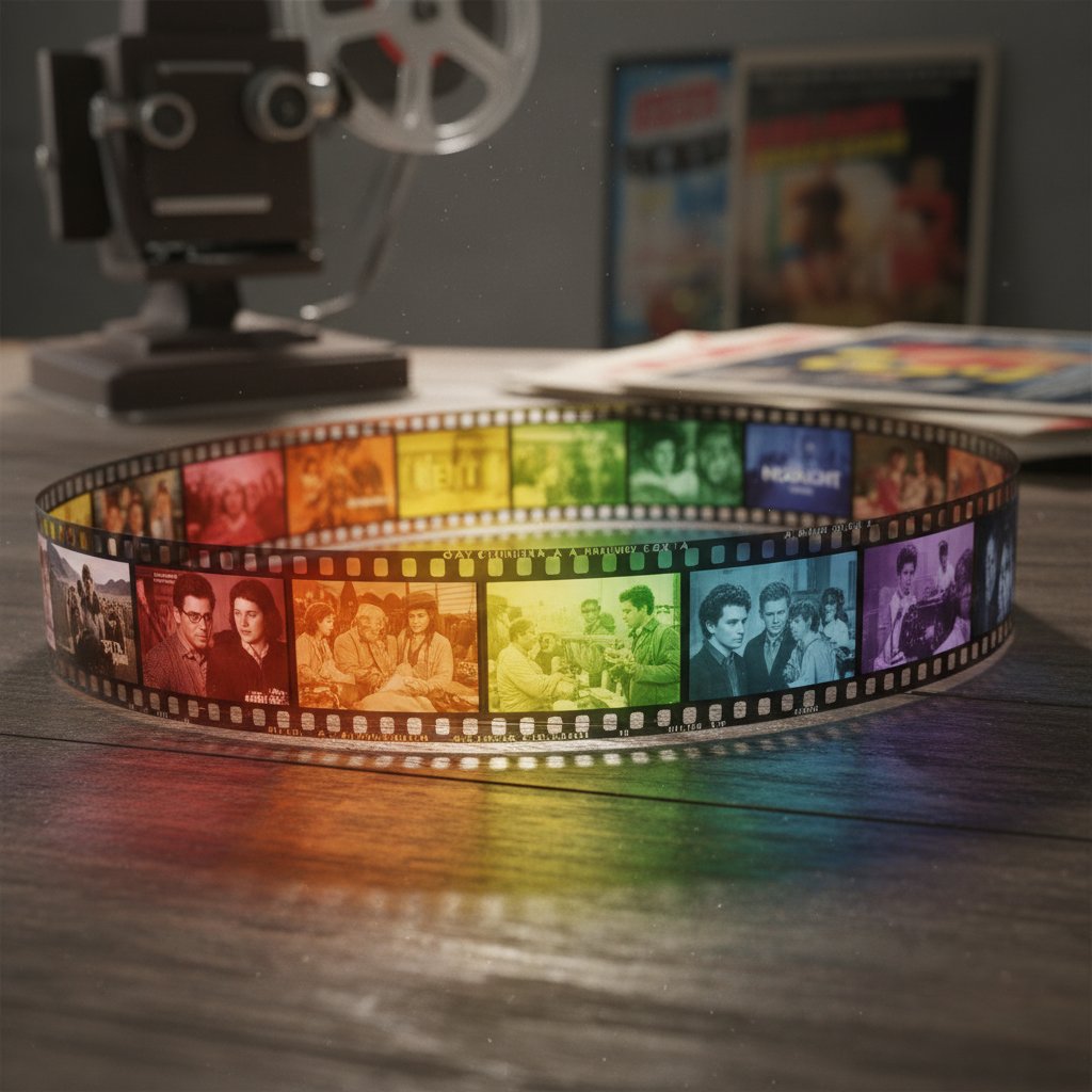 Photo of a film reel with rainbow-colored frames, symbolizing gay movie history