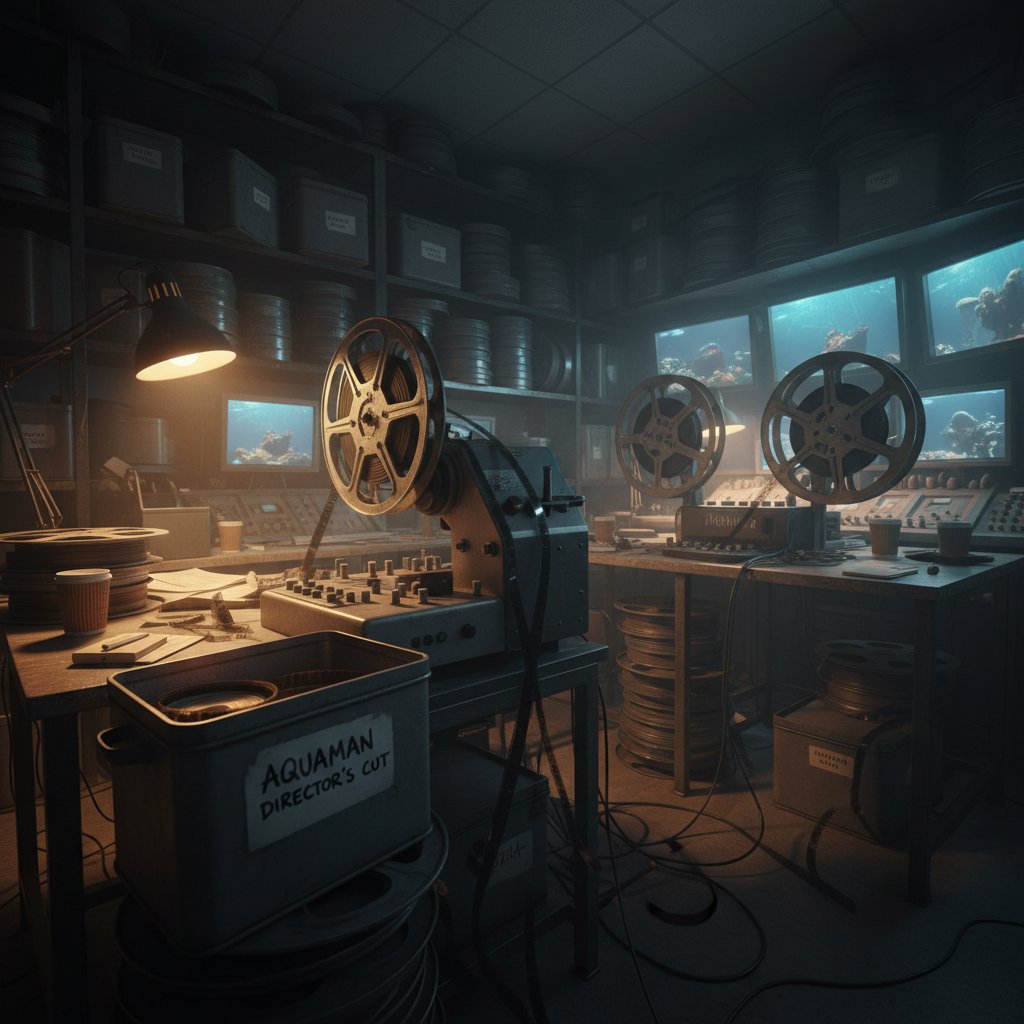 Film reels and editing bays, dimly lit, sense of secrecy, Aquaman director's cut