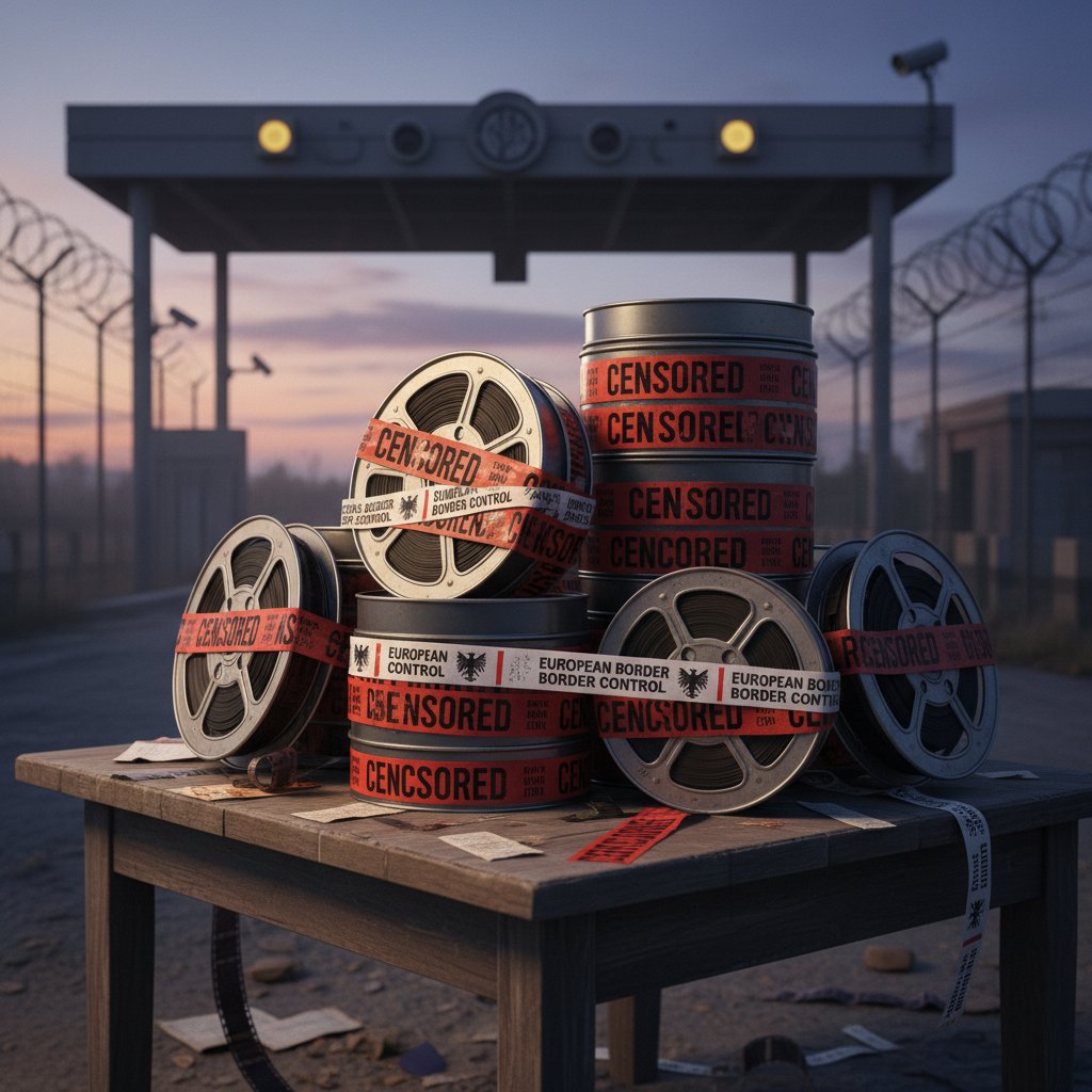Film reels crossing a symbolic European border, torn censorship tape, twilight scene