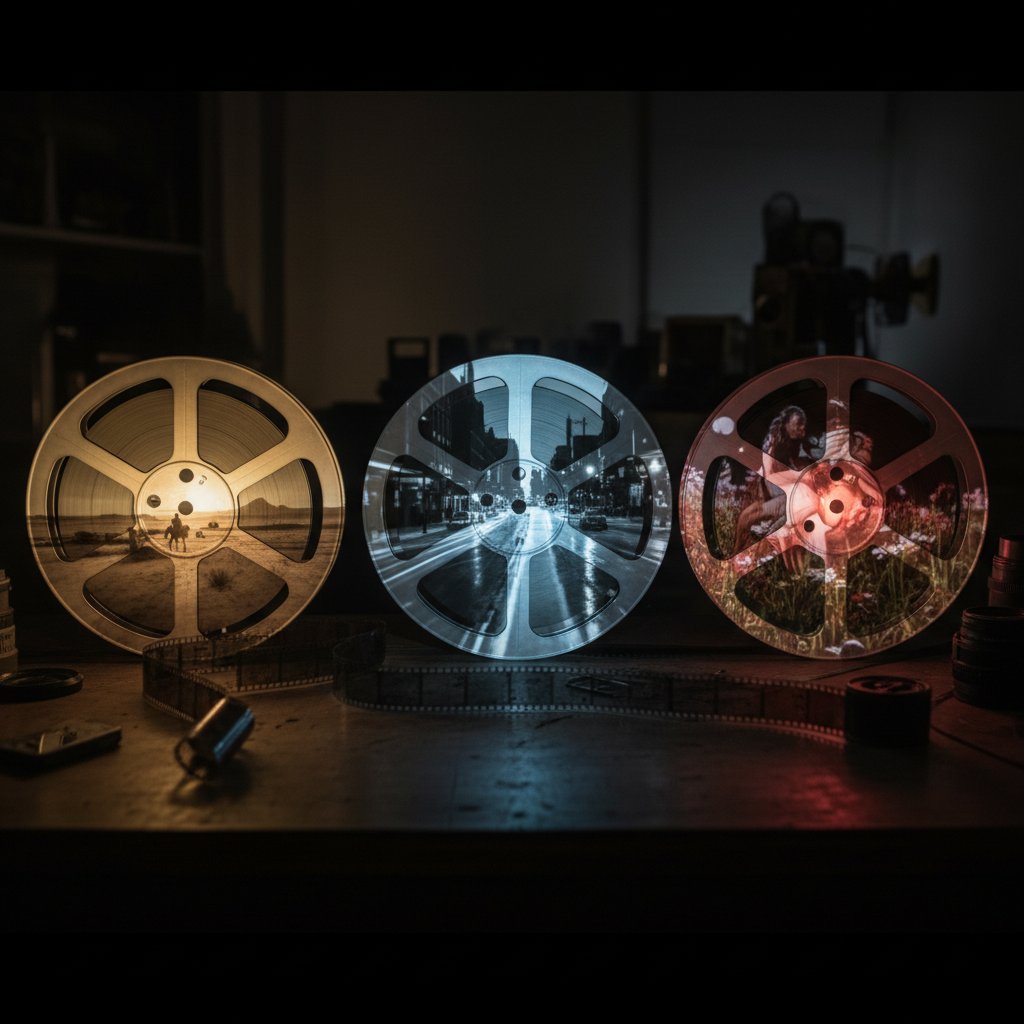 Professional photo of film reels unspooling into separate narrative scenes, moody lighting, anthology movies concept