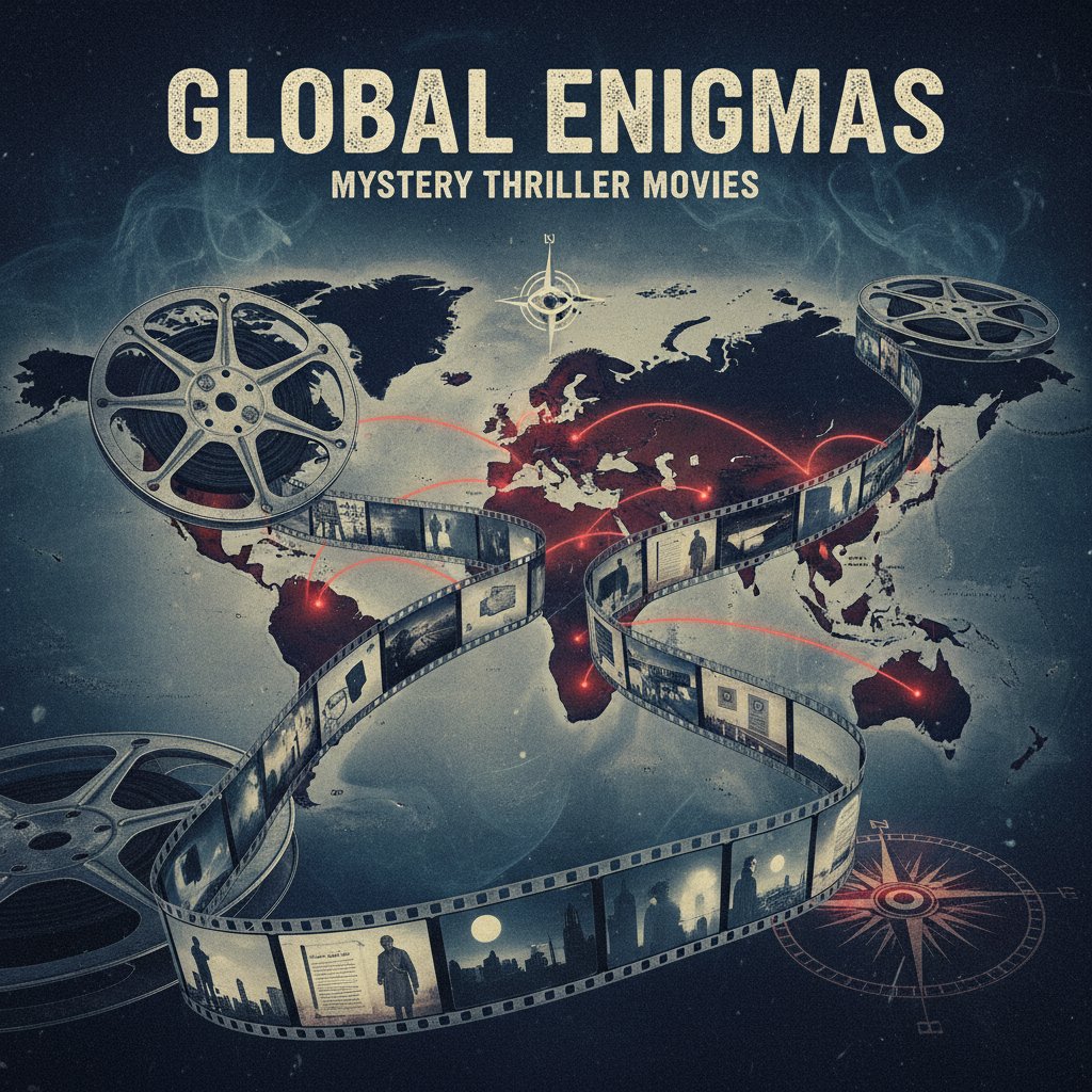 Film reels morphing into a world map, symbolizing the global influence on mystery thriller movies, cinematic editorial collage