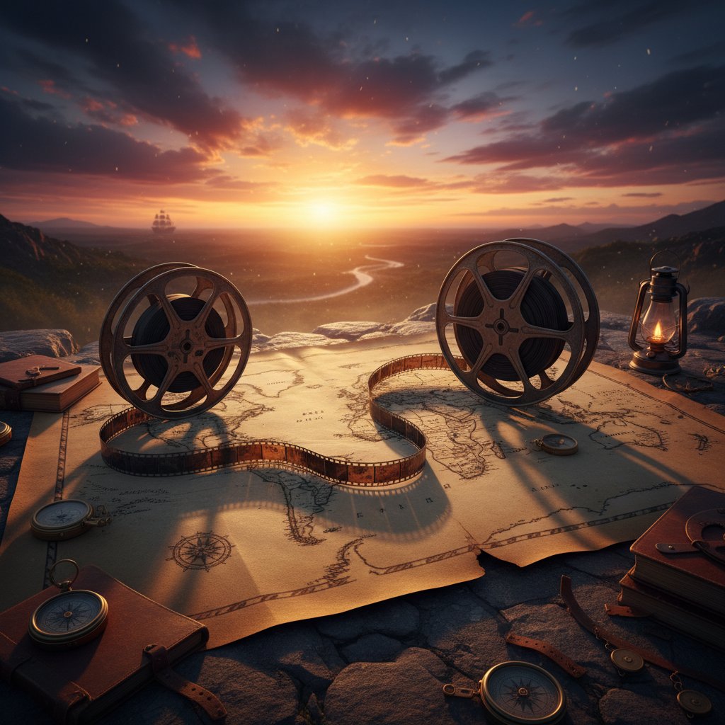 Film reels intertwined with world maps at dusk, symbolizing global perspectives in movie cinema