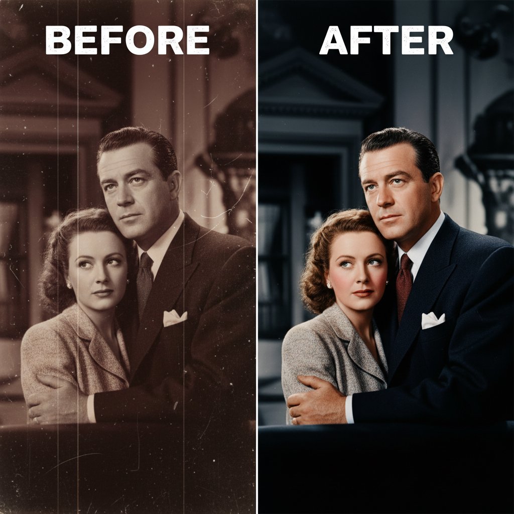 Film restoration in progress, restorers with reels and 4K monitors, giving 4k movies new life