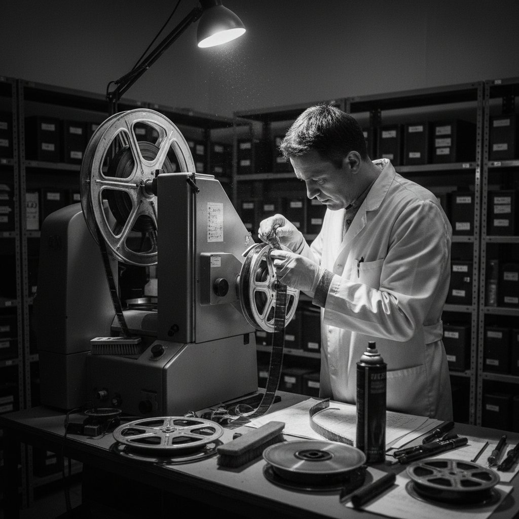 Film restoration process, technician at work on digital restoration of black and white movie