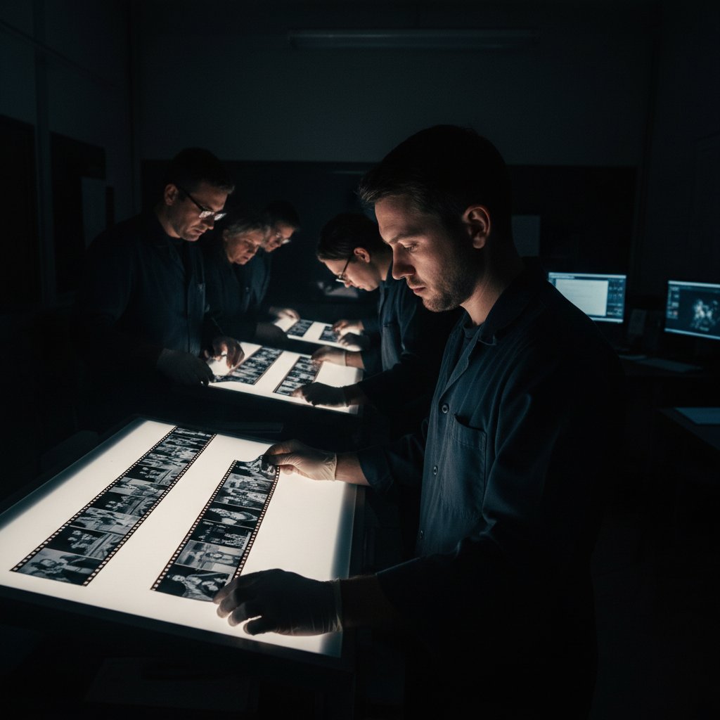 Film restoration team analyzing damaged negatives for restored movies