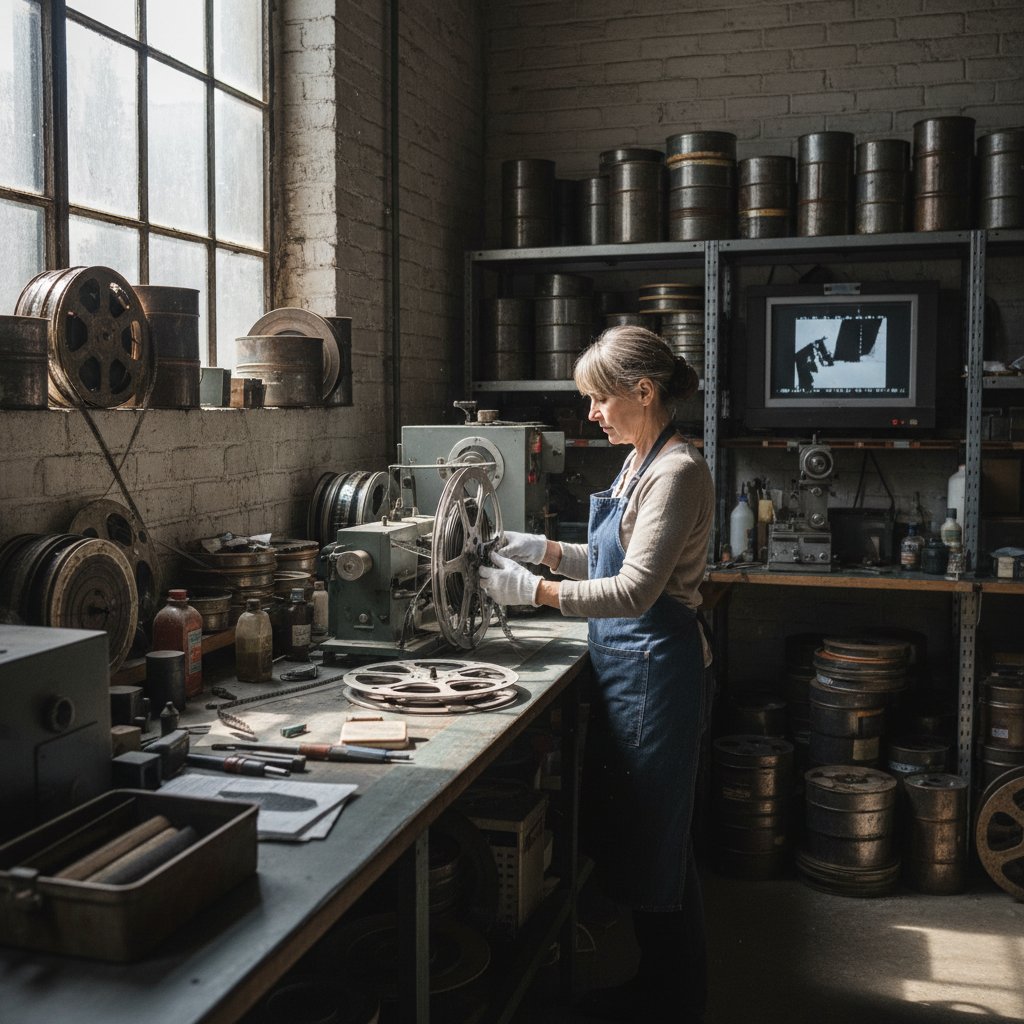 Film restorer working on old film reels in restoration studio