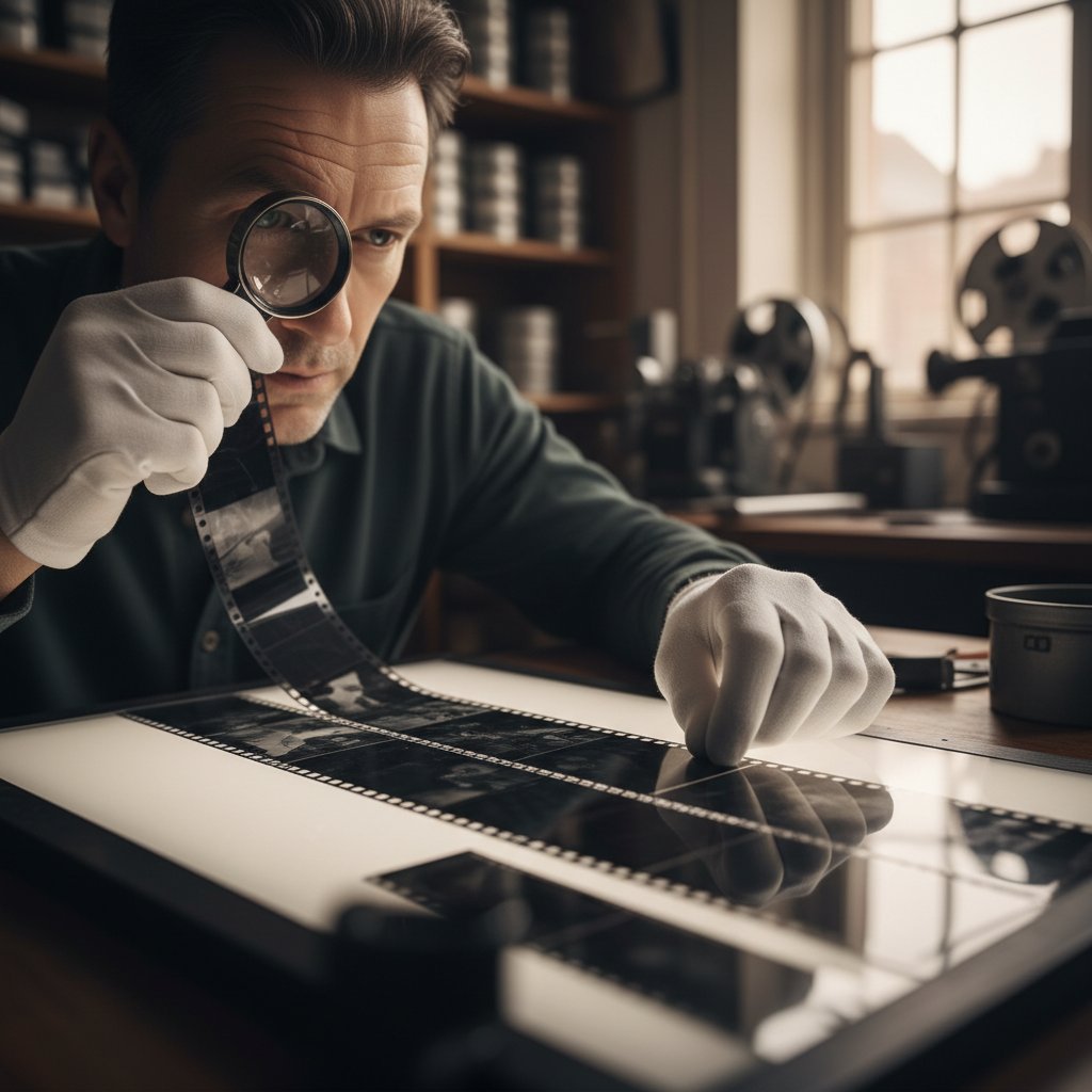 Professional film restorer inspecting a restored film print for quality