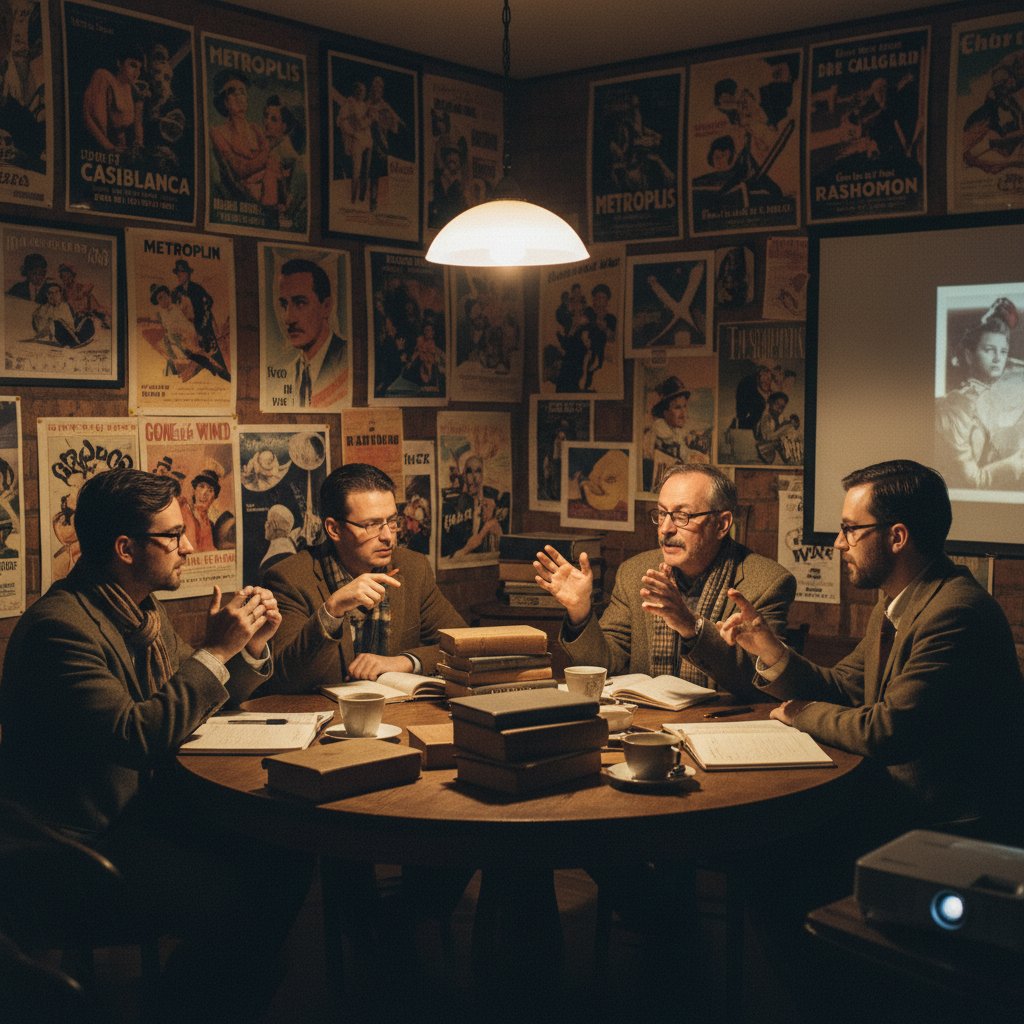 Film scholars debate universal comedy, vintage film posters in background