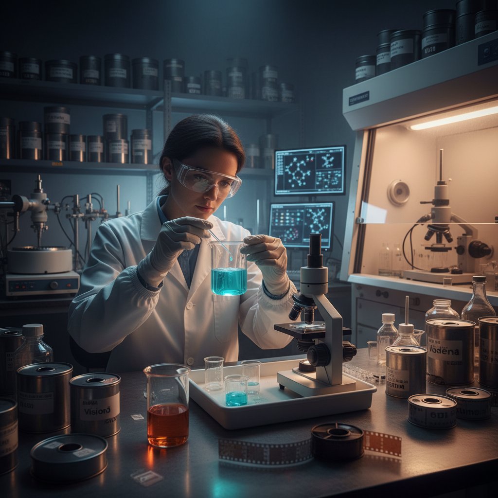 Film scientist working on advanced emulsion formulas, laboratory with movie film stocks samples