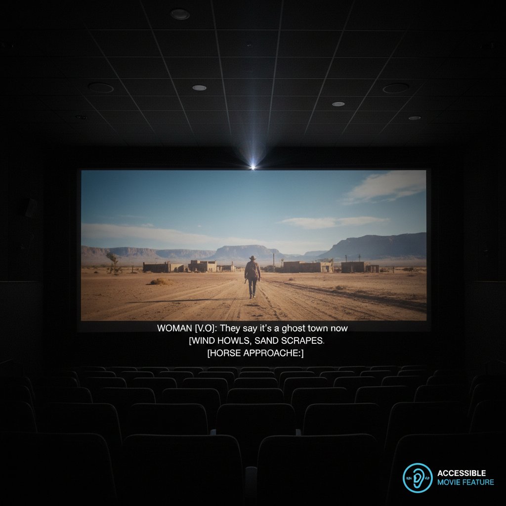 Film screen with open captions showing dialogue and sound cues, accessible movie feature