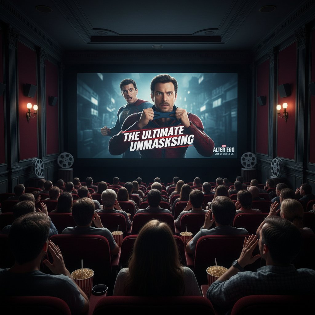 Photo of film screening room, audience reacting in surprise, edgy lighting, movie secret identity movies impact