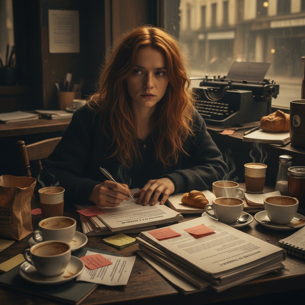 Still-life of marked-up film scripts and coffee cups, gritty editorial style depicting Saoirse Ronan movie preparation