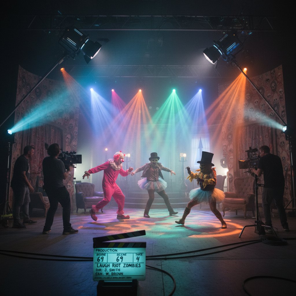 A director orchestrates a hybrid comedy-horror scene in a neon-lit studio. Hybrid comedy, film set, genre-blending, actors, neon