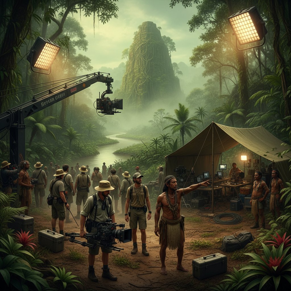 Photo of a film set deep in the Amazon with a local guide and international crew for jungle movies