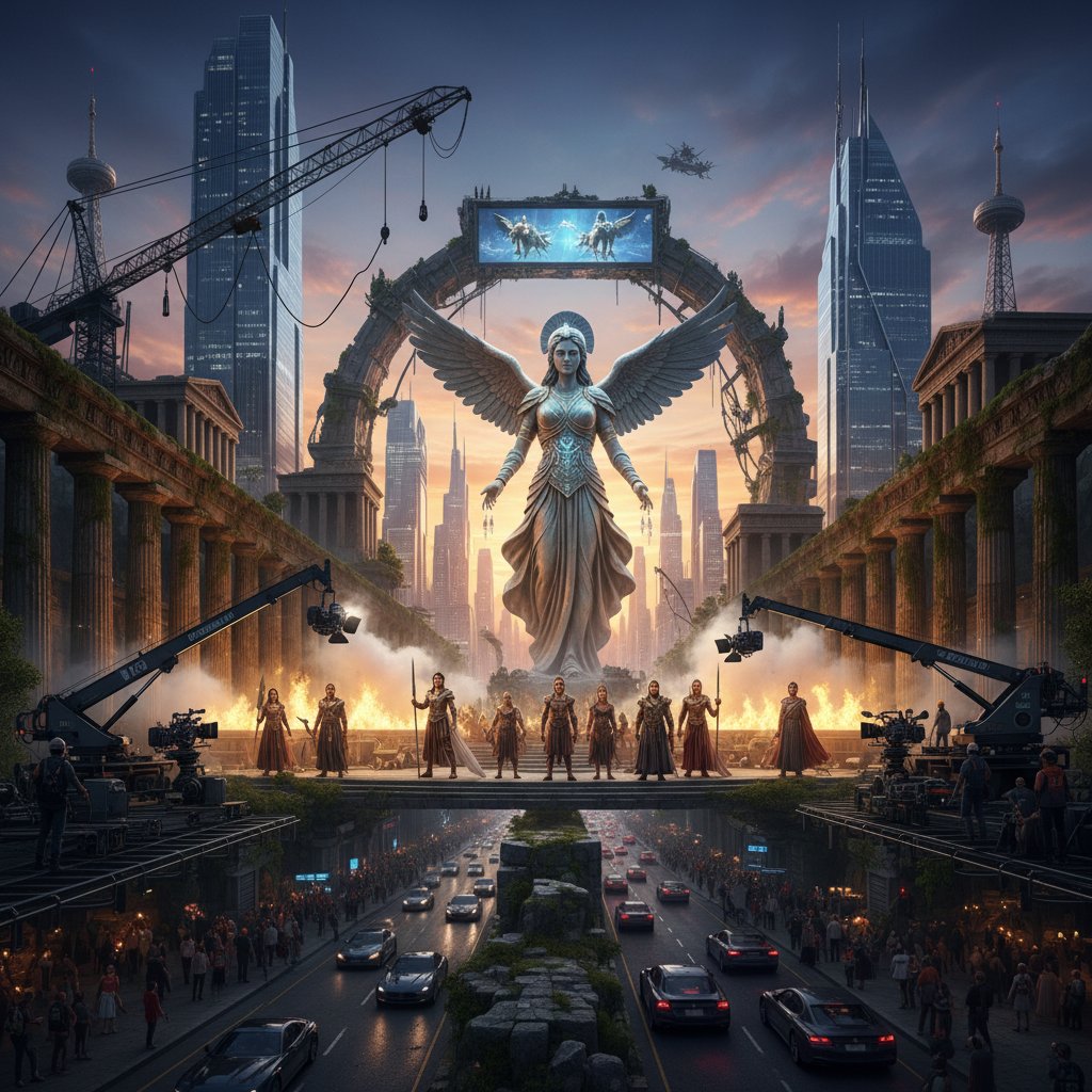 Film set of modern mythology movie blending ancient ruins with skyscrapers at dusk, tense mood, mythology movies