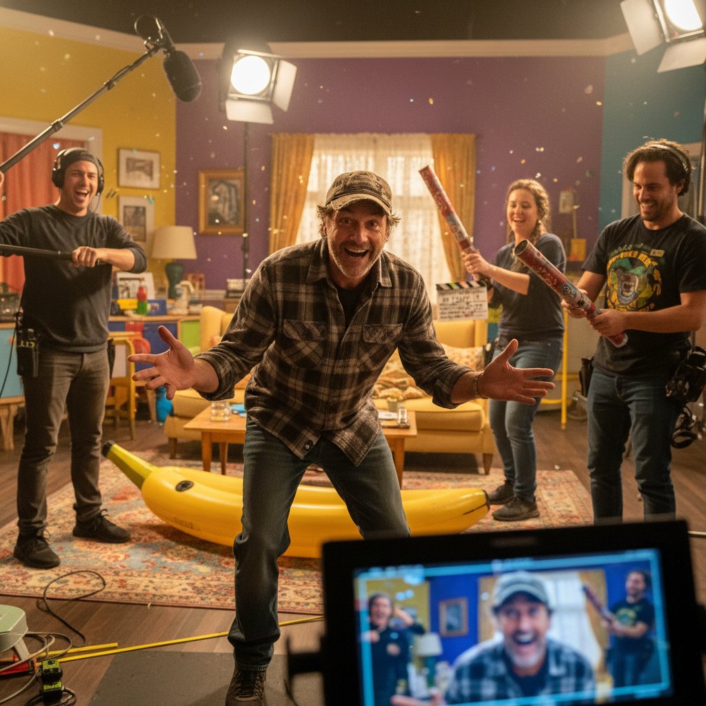 Behind-the-scenes photo: film set during direct address scene—actors and crew in action