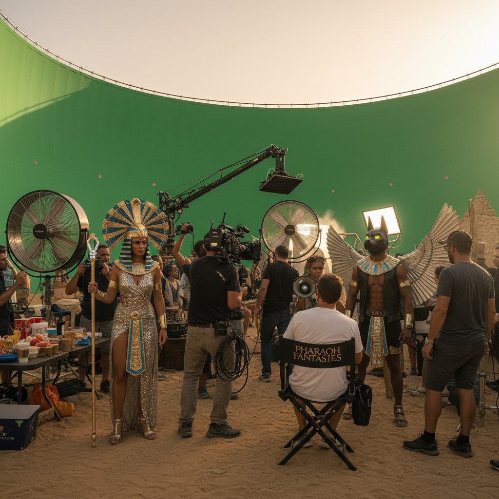 Close-up of a film set with actors in inaccurate Egyptian costumes and a green screen