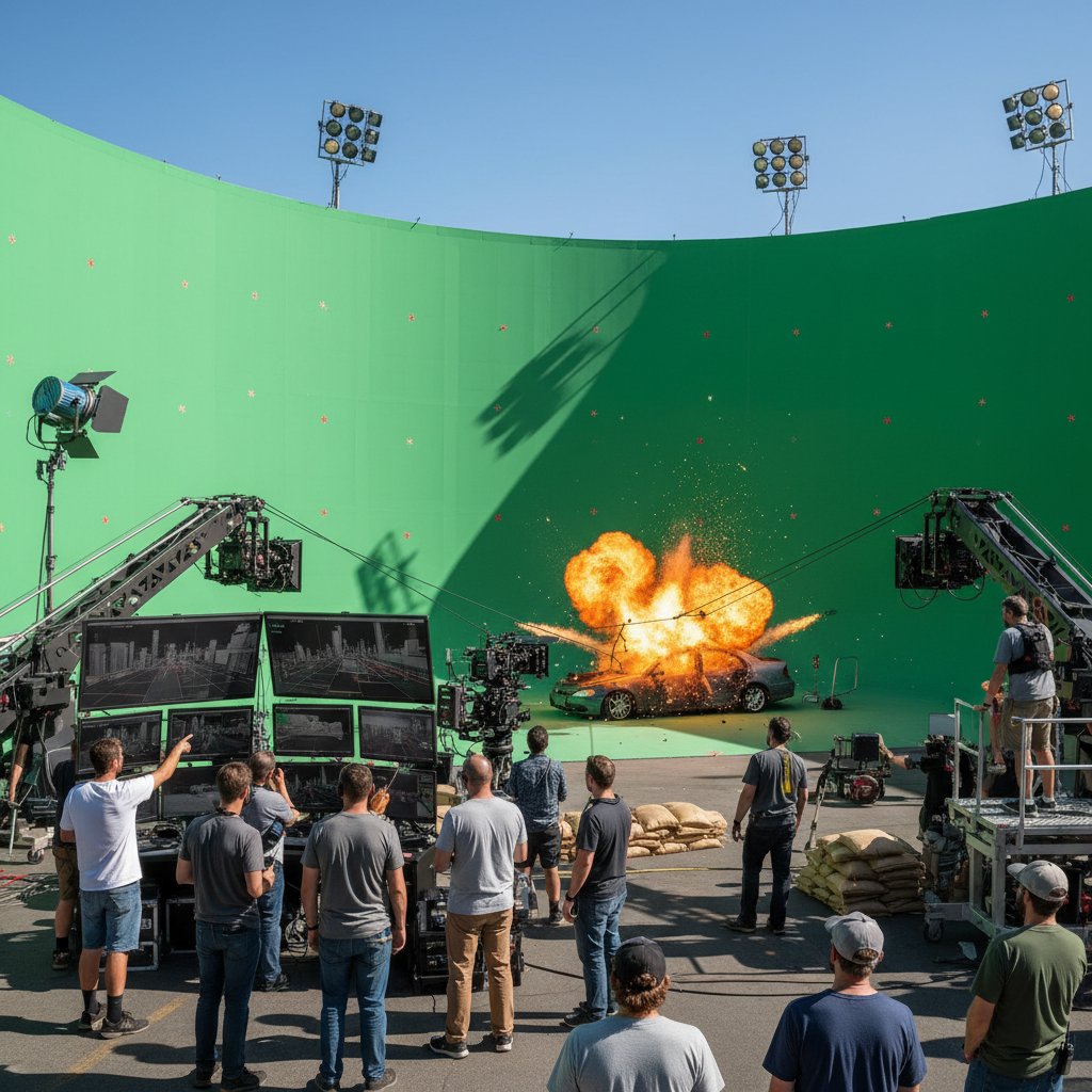 Split-screen showing classic practical effects (exploding car) on one side and modern digital green screen on the other, with VFX artists at work in the middle, visual effects movies excellence