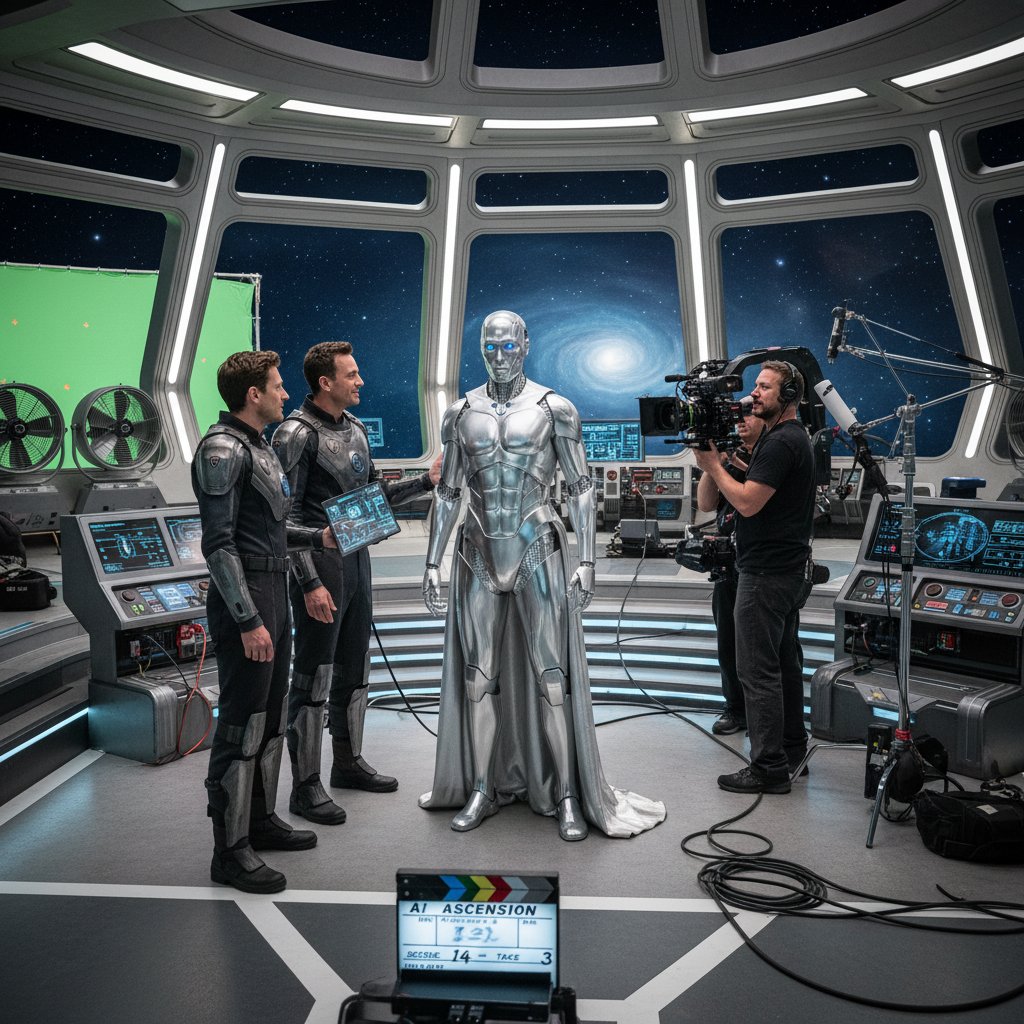 Scena z planu filmowego z humanoidalnym robotem, aktorami i reżyserem. Tematyka: AI w kulturze, fikcja kontra rzeczywistość