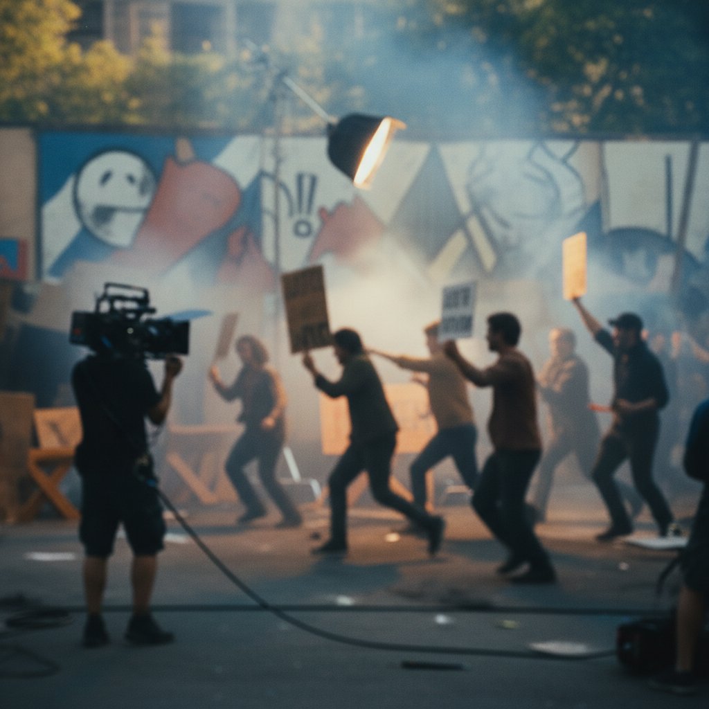 Edgy, modern photo of a movie set in a protest zone, blurred handheld camera, activism movies