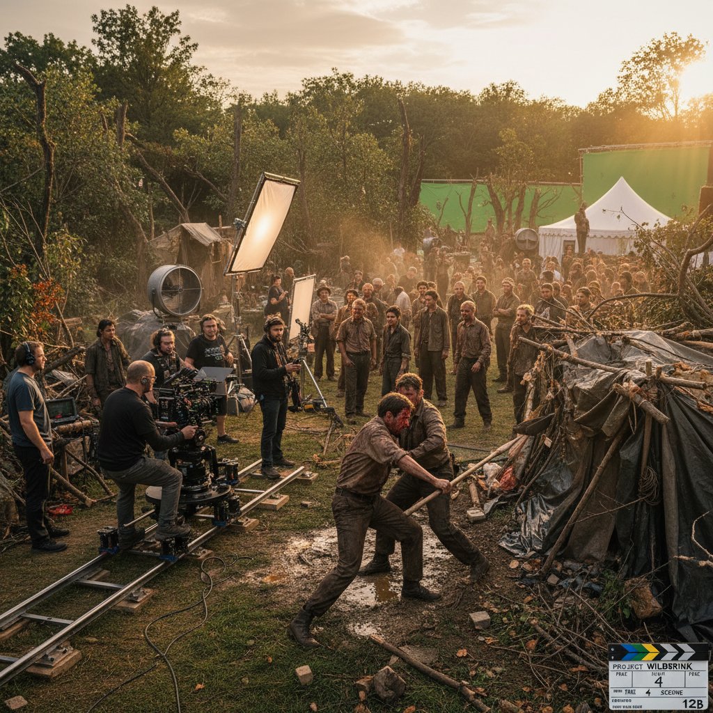Film set showing actors and crew staging a violent survival scene, blurring reality and fiction