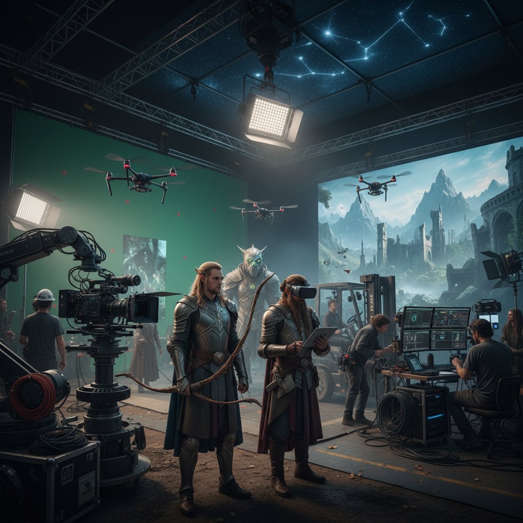 Modern film set for new Tolkien adaptation blending high-tech equipment and actors in fantasy costumes