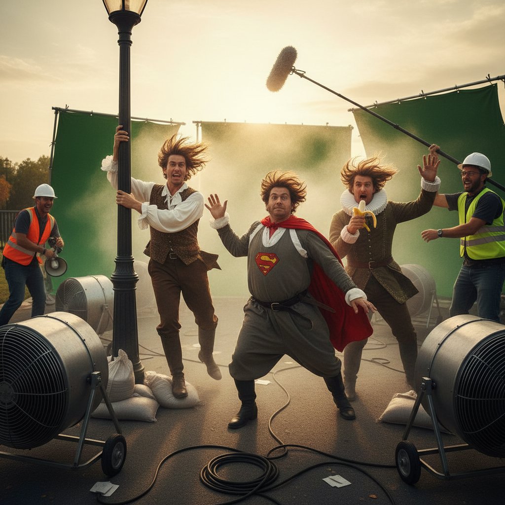 Film set photo with wind machines, actors in comedic poses, movie weather comedy cinema