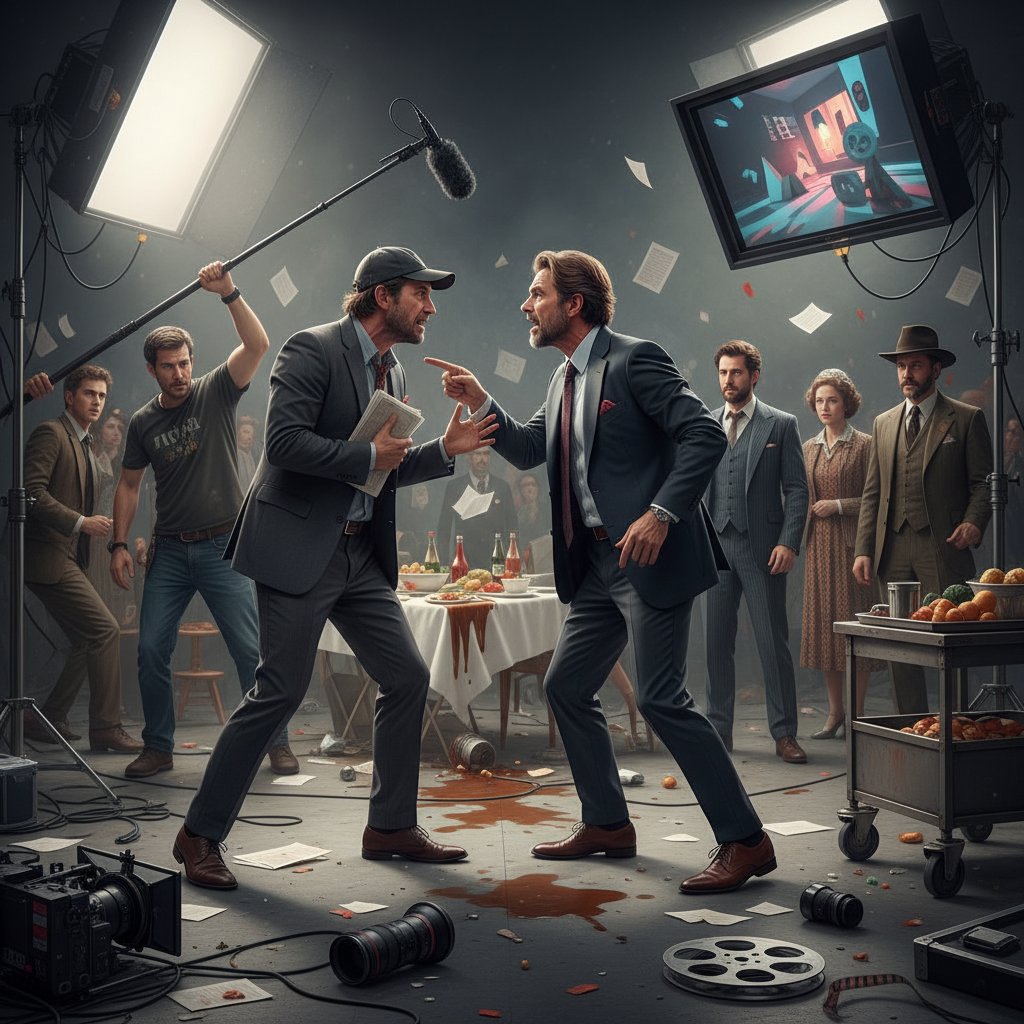 A chaotic comedy film set with director and studio executive arguing, symbolizing creative conflict in movie wasted potential comedy