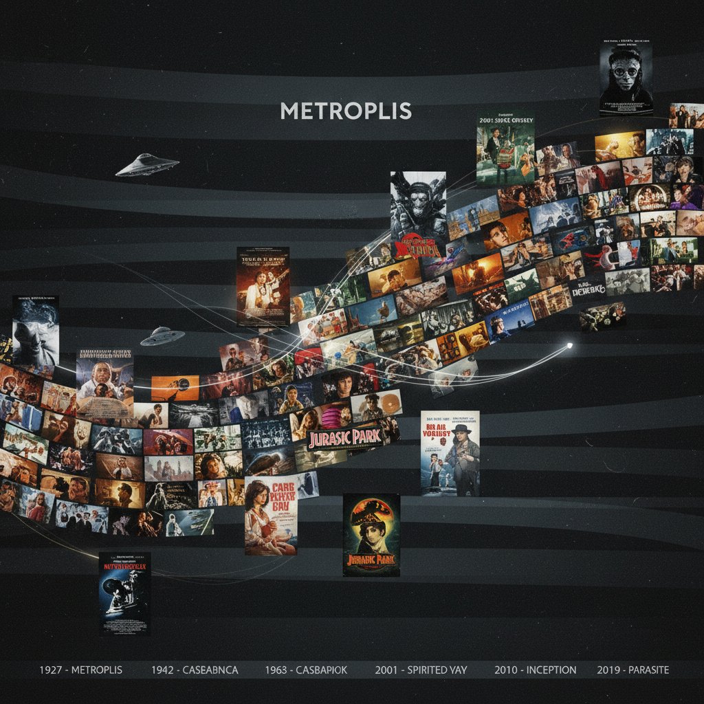 Black-and-white film still mosaic with hidden modern symbols, illustrating timeline of movie layered movies