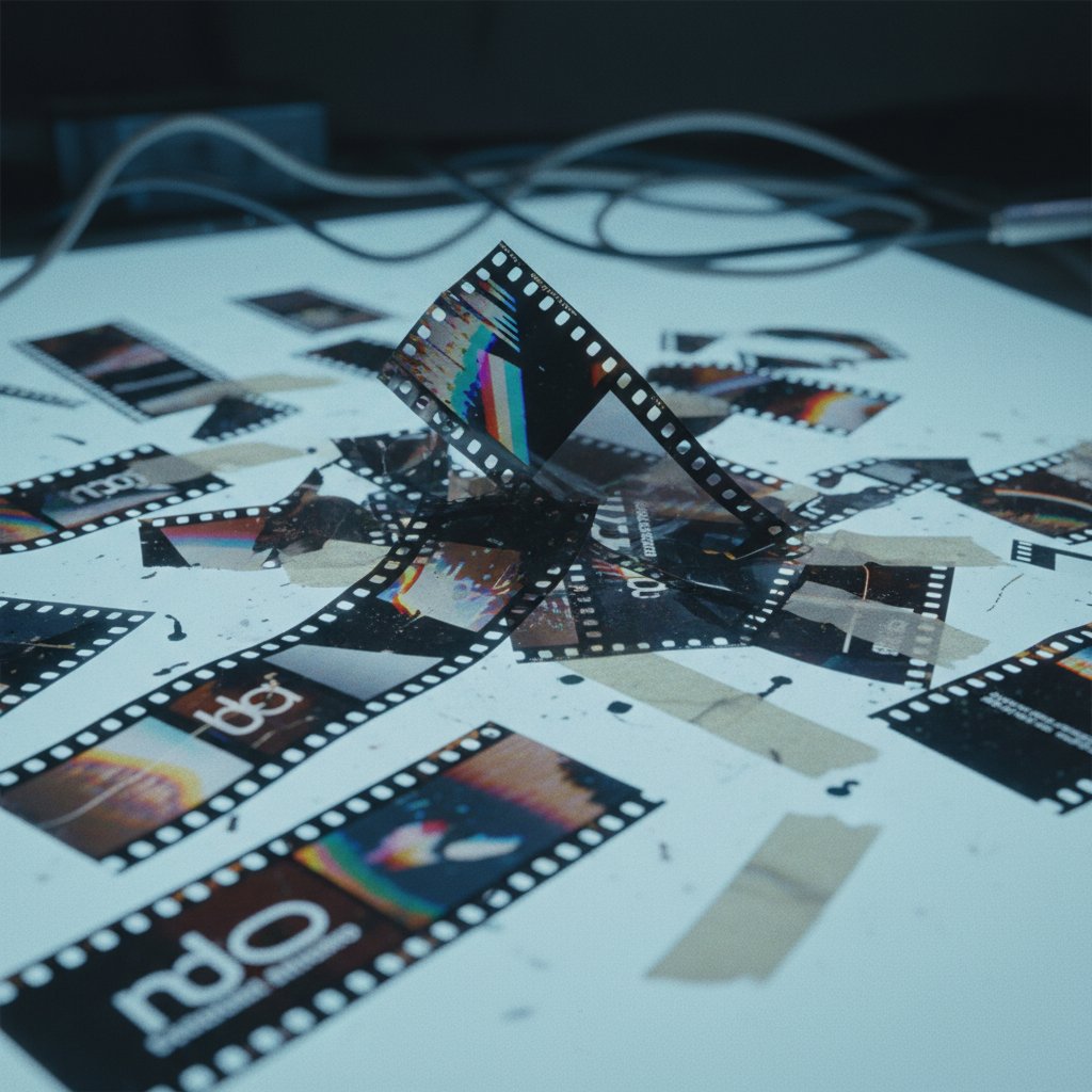 Symbolic image of film strips cut, referencing studio interference in Welles’ work