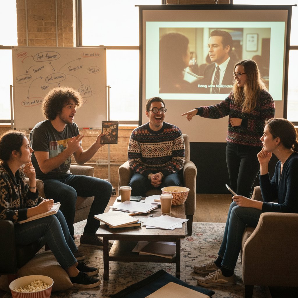 Film students in a creative workshop discussing abnormal comedy movies