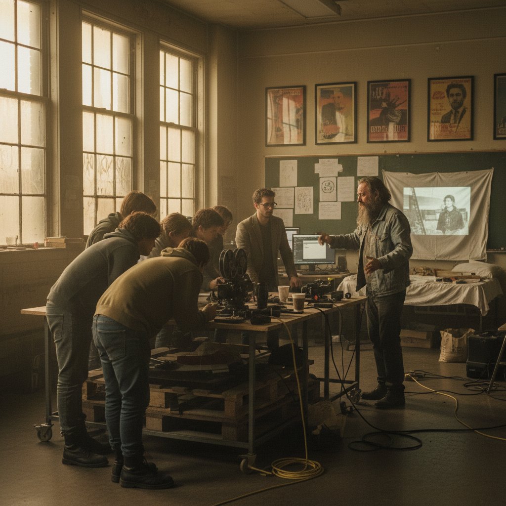 Behind-the-scenes photo of film students and professors in a gritty classroom, revealing the hidden culture of film schools