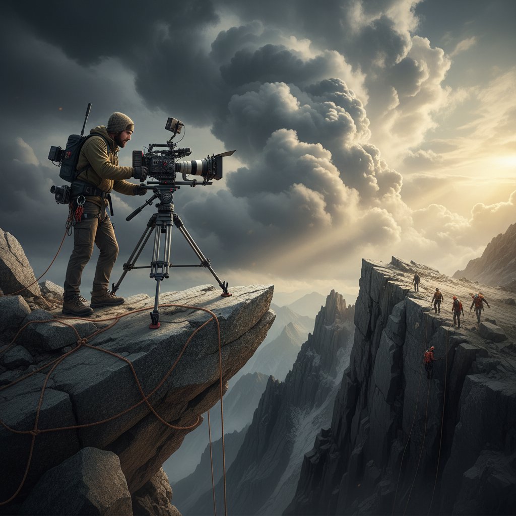 Cinematographer filming from exposed mountain ledge, mountain climbing movies drone shots