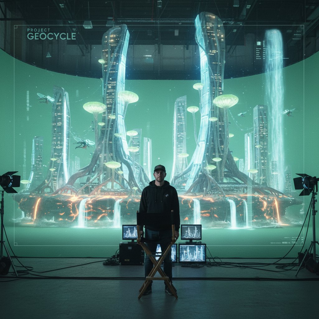 Filmmaker using CGI to render an underground cityscape with green screens and digital overlays