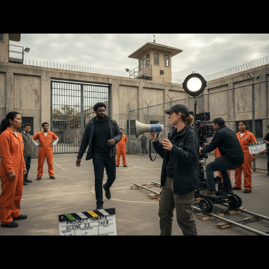 Filmmaker directing prison scene, diverse cast, portrait of a young director at work