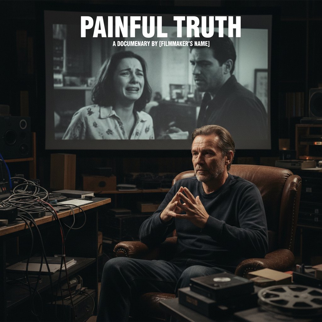 Filmmaker interviewing a real-life subject in stark, documentary setting, painful truth movie