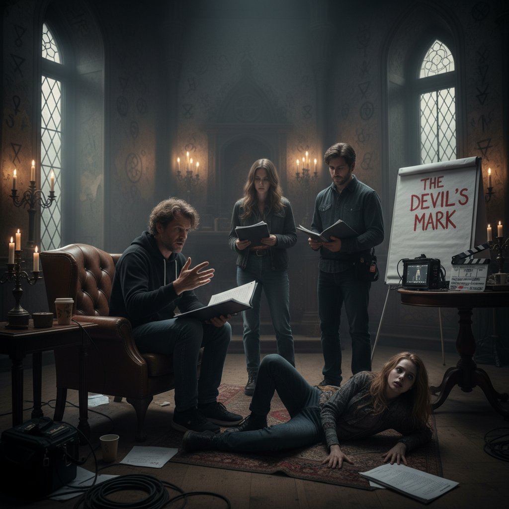 Filmmakers discussing possession movie script, director and cast in rehearsal with script pages