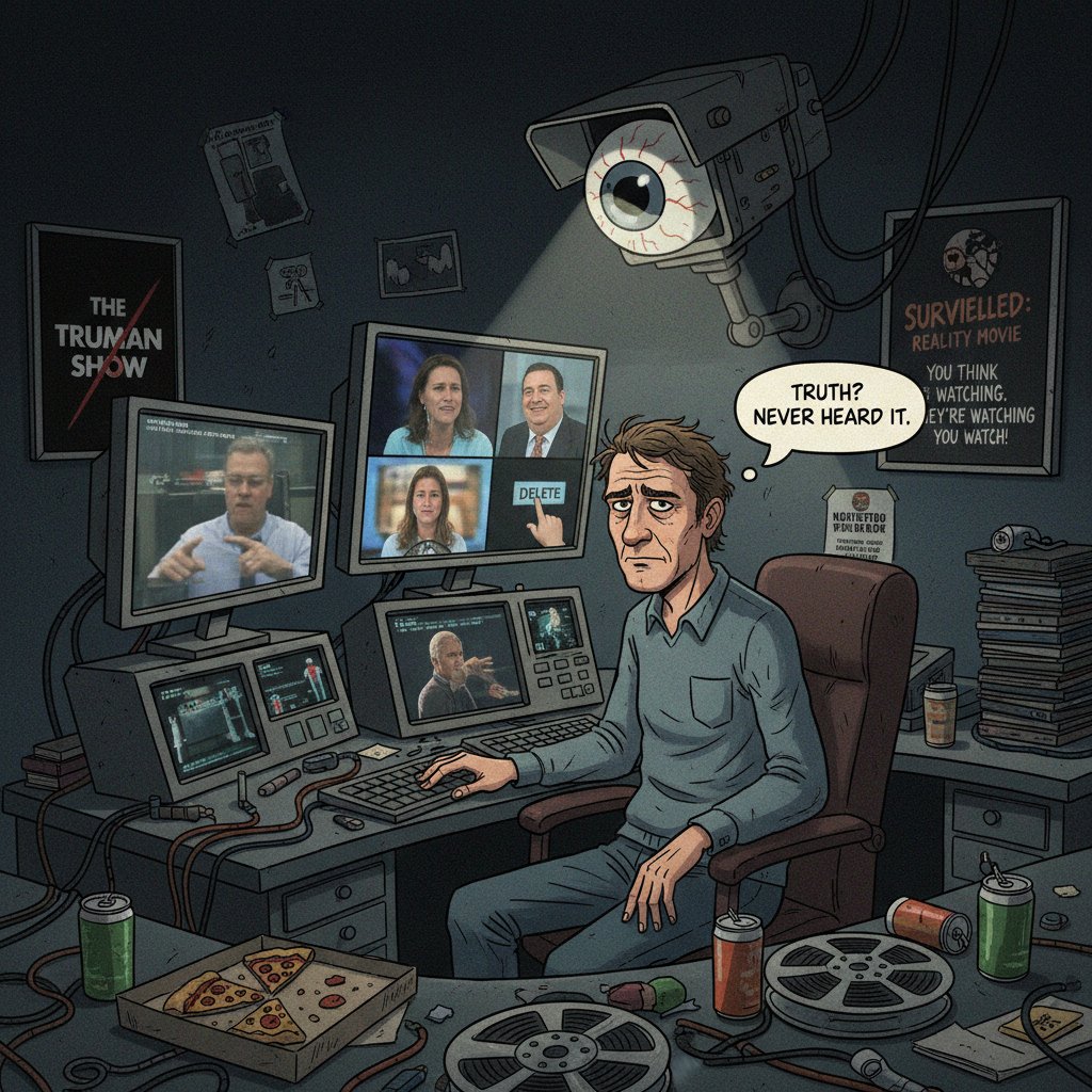 Dramatic, shadowy depiction of a filmmaker editing a scene under surveillance; moody, suspenseful tone