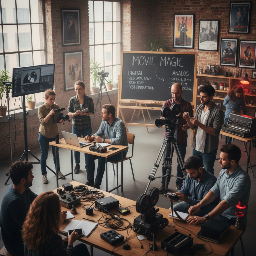 A group of diverse aspiring filmmakers watching a glowing screen in a dark room, with vintage film reels and modern digital devices scattered around, symbolizing the collision of eras in movie tutorials