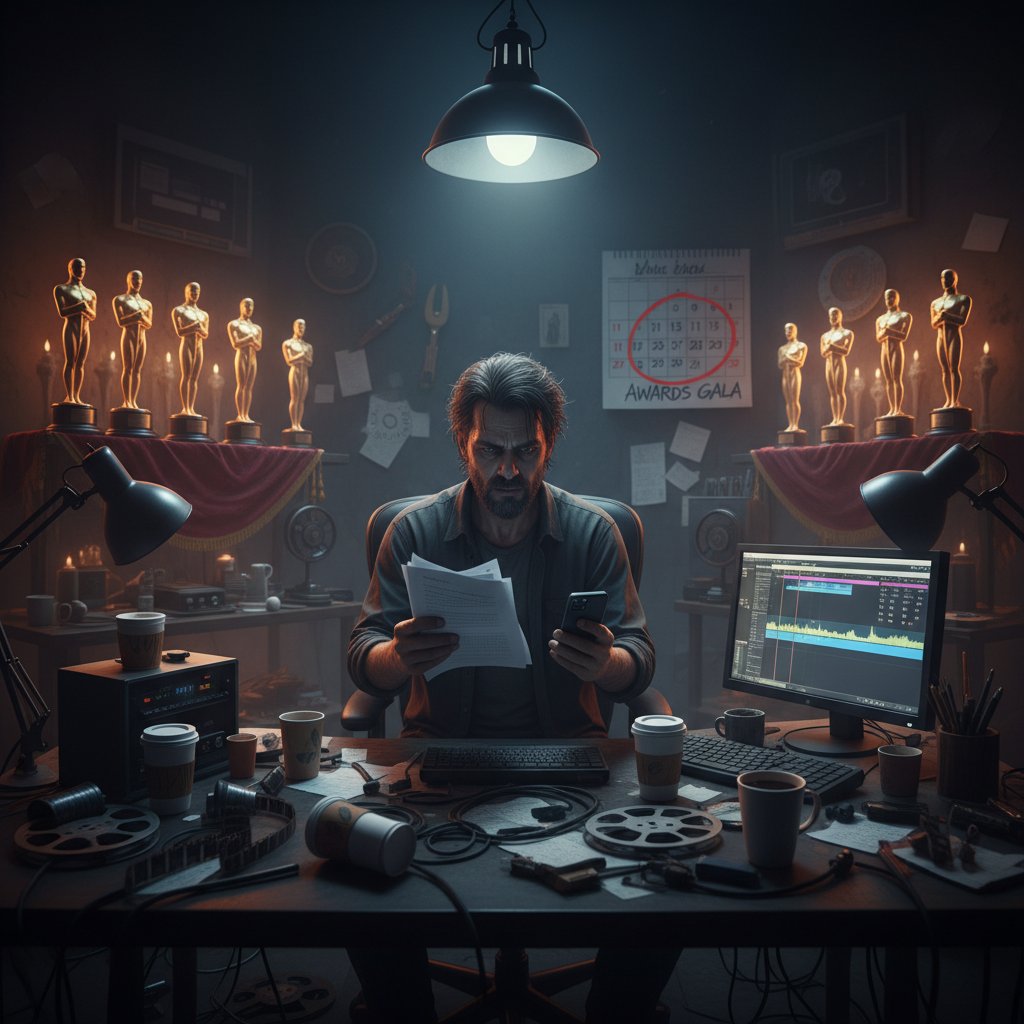 Filmmaker alone in dark studio, overwhelmed by pressure to win awards, symbolizing recognition toxicity
