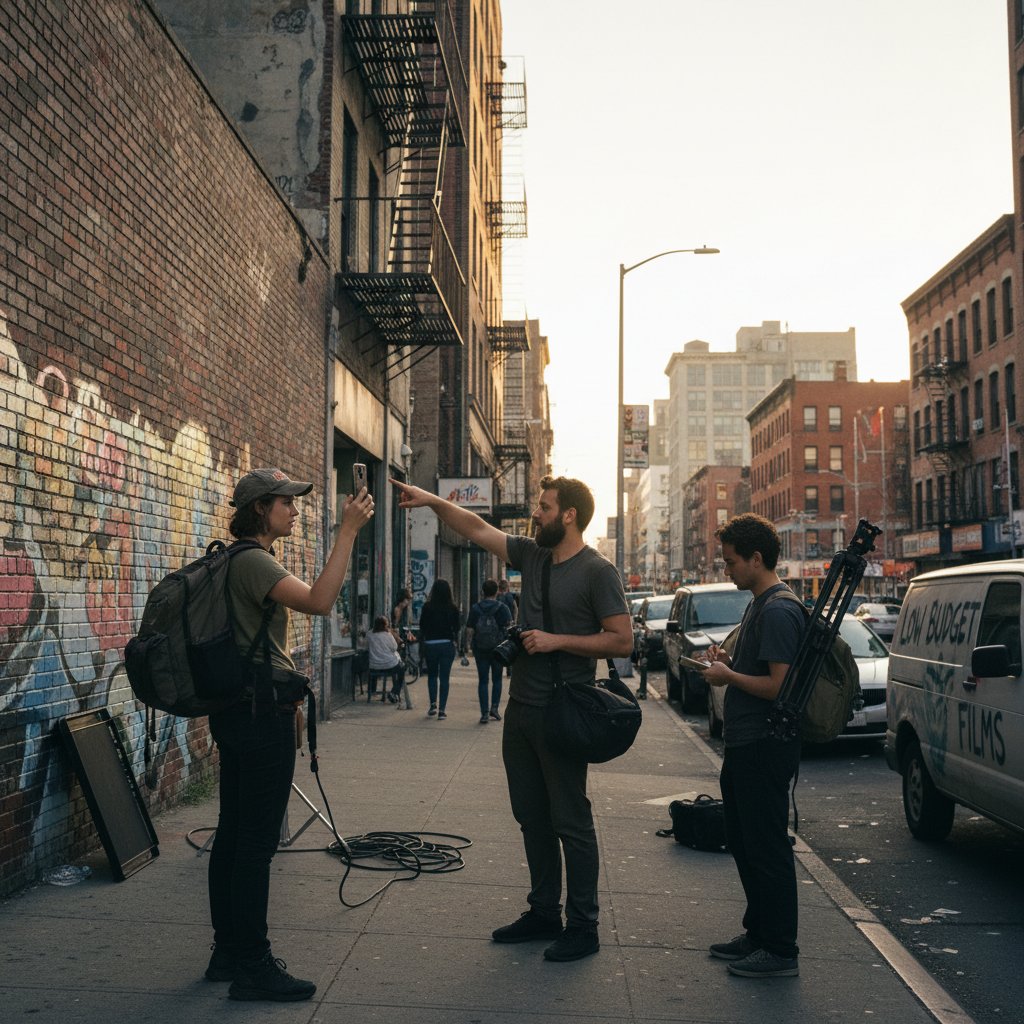 Filmmaker scouting urban location for guerrilla shoot, using smartphone and maps