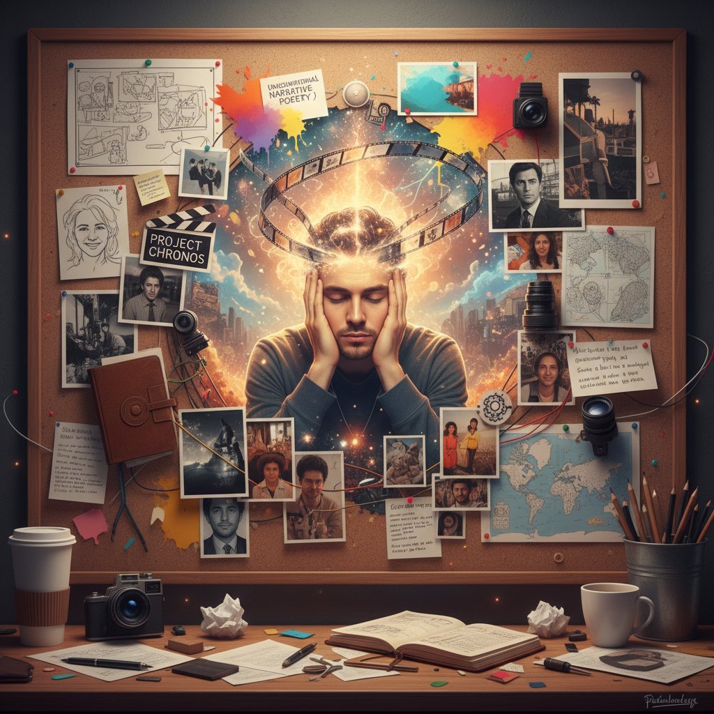 Filmmaker staring at vision board, deep in thought, contemplating the leap into a passion project, surrounded by ideas